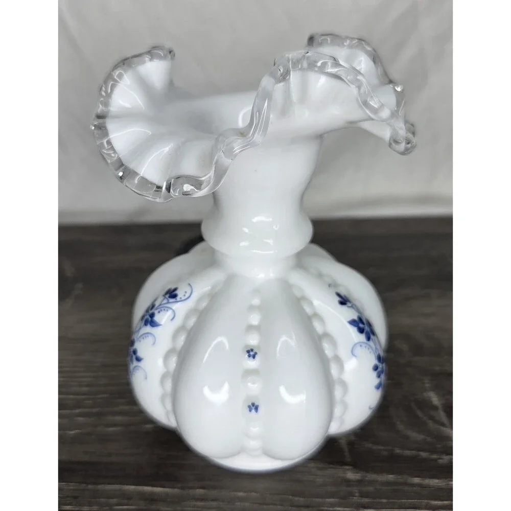 Fenton Elizabeth Silver Crest Beaded Melon Vase Blue Flowers 6